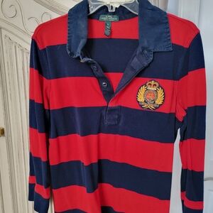 Ralph Lauren Kids Red & Navy Striped Rugby Polo with Crest